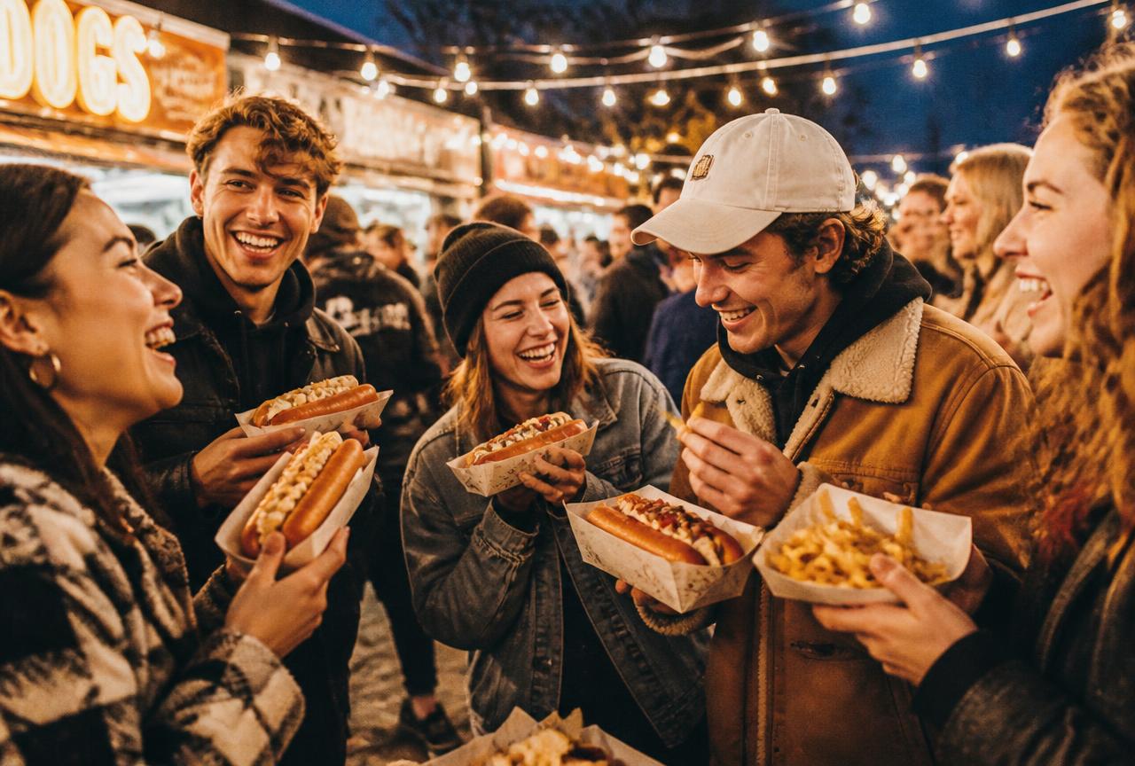 People laughing and eating HANSI hotdogs at a night market