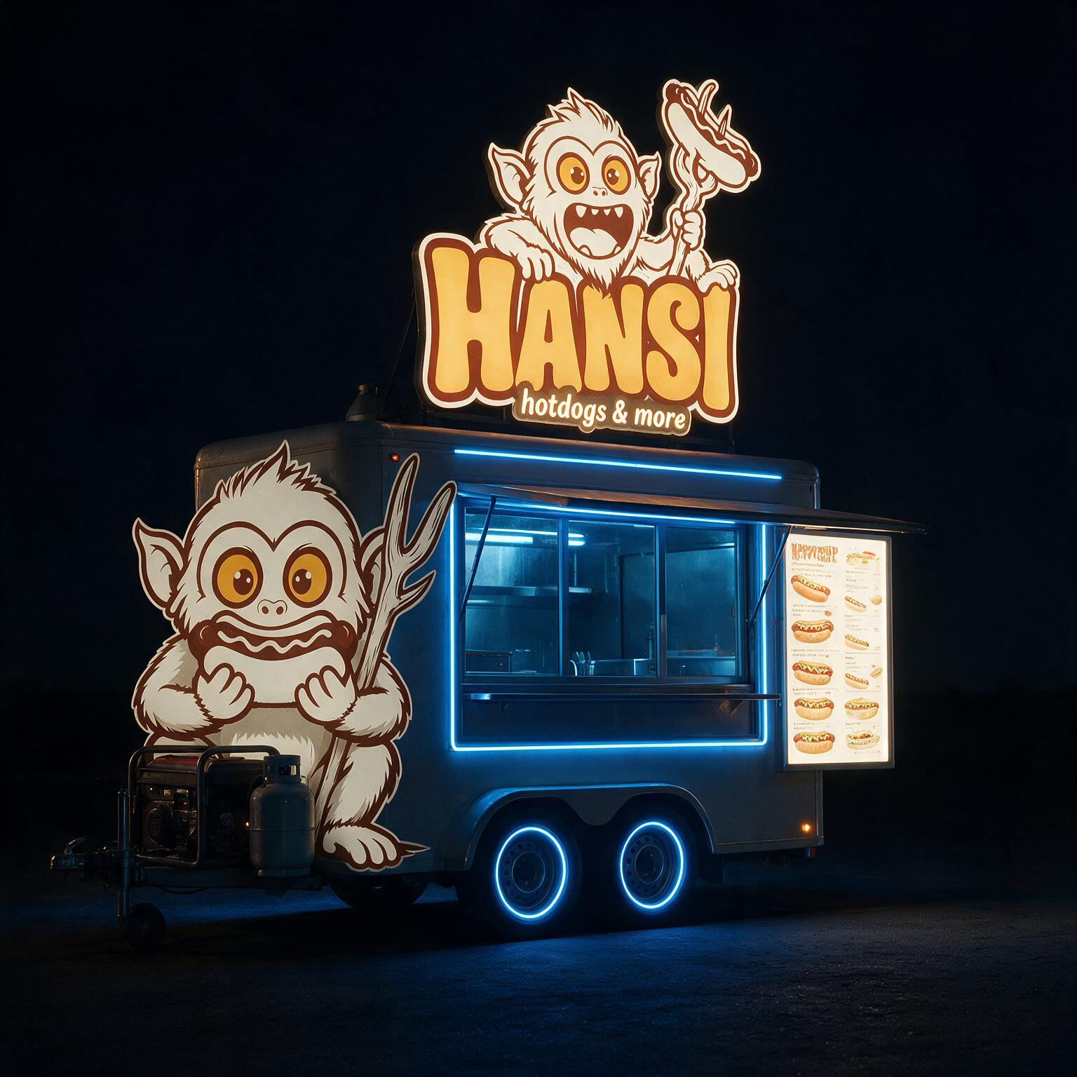 The HANSI truck lit up at night with its glowing mascot sign